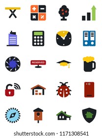 Color and black flat icon set - growth statistic vector, calculator, office binder, graduate, lady bug, picnic table, bird house, phone back, mobile camera, clock, compass, with garage, fruit tree