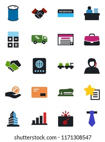 Color and black flat icon set - bomb in case vector, passport, baggage larry, calculator, support, oil barrel, favorites list, mail, office building, bar graph, manager desk, handshake, stapler, tie