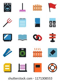 Color and black flat icon set - book vector, calculator, notepad, document, farm fork, fence, rake, signpost, tv, chain, speaker, notes, copybook, abacus, stapler, washer, heater, fridge, flag