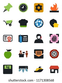 Color and black flat icon set - passport control vector, stamp, wheelbarrow, scales, support, sea shipping, clock, flammable, paper pin, settings, mail, network, office phone, cook hat, apple fruit