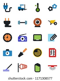 Color and black flat icon set - camera vector, fork loader, wind, radar, gear, notebook pc, pencil, trowel, rake, wheelbarrow, barbell, clock, radio, sim, battery, power plug, web, thermometer
