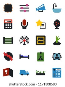 Color and black flat icon set - bed vector, identity card, crisis graph, sproute, seedling, car delivery, container, antenna, loudspeaker, microphone, favorites list, tuning, scanner, hr, fruit tree