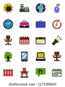 Color and black flat icon set - mobile phone vector, case, mouse, calendar, tree, sun, fireplace, earth, term, torch, clock, office, chair, notebook pc, radiator, home message