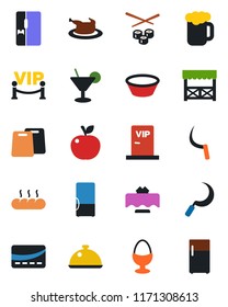 Color and black flat icon set - sickle vector, fridge, dish, restaurant table, cocktail, beer, egg stand, bread, vip zone, alcove, credit card, chicken, bowl, cutting board, sushi, apple fruit