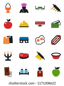 Color and black flat icon set - waiter vector, cook, dish, reserved, egg stand, salt and pepper, cafe building, candle, table, credit card, restaurant receipt, steak, hot dog, bowl, rolling pin