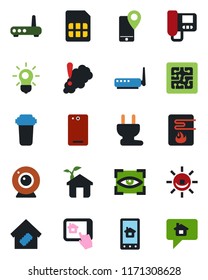 Color and black flat icon set - mobile tracking vector, phone back, sim, smart home, chip, eco house, power plug, water heater, router, web camera, intercome, control app, filter, smoke detector