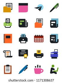 Color and black flat icon set - pen vector, coffee, calendar, printer, folder document, news, clipboard, copybook, blank box, copier, paper plane, certificate, contract, man with notebook