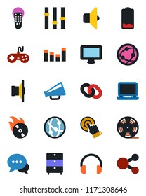 Color and black flat icon set - reel vector, archive chest, flame disk, speaker, loudspeaker, gamepad, settings, equalizer, remote control, network, touch screen, dialog, headphones, monitor, chain