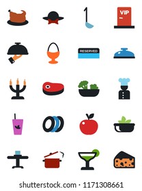 Color and black flat icon set - cook vector, restaurant table, reserved, reception, cocktail, phyto bar, salad, plates, waiter, egg stand, candle, vip zone, dress code, chicken, steak, ladle, cheese