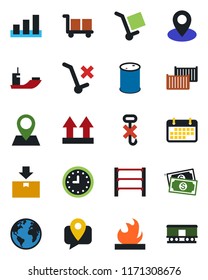 Color and black flat icon set - earth vector, pin, cash, mobile tracking, sea shipping, cargo container, clock, term, up side sign, no trolley, hook, package, sorting, flammable, oil barrel, rack