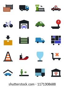 Color and black flat icon set - escalator vector, alarm car, border cone, airport building, bike, sea shipping, cargo container, delivery, consolidated, fragile, no trolley, package, heavy scales
