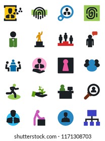 Color and black flat icon set - female vector, baby room, speaking man, pedestal, manager place, run, client, group, user, fingerprint id, hr, meeting, waiter, consumer search, palm sproute