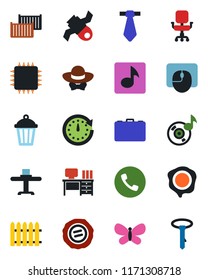 Color and black flat icon set - phone vector, case, mouse, desk, stamp, fence, butterfly, garden light, satellite, cargo container, music, office chair, restaurant table, dress code, chip, clock