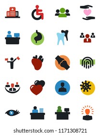 Color and black flat icon set - dispatcher vector, team, manager place, disabled, heart hand, stomach, real, tooth, eye, joint, hospital, virus, user, fingerprint id, company, desk, group