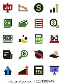 Color and black flat icon set - growth statistic vector, dollar sign, abacus, crisis graph, cash, receipt, news, calculator, credit card, arrow up, money search, investment, presentation