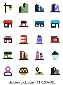 Color and black flat icon set - taxi vector, shop, office building, garden light, navigation, store, city house, cafe, storefront