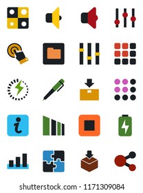 Color and black flat icon set - package vector, sorting, settings, touch screen, stop button, menu, folder, charge, application, pen, sound, information, social media