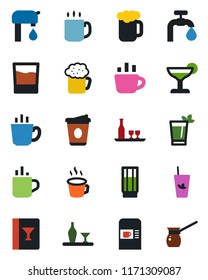 Color and black flat icon set - hot cup vector, coffee machine, water supply, alcohol, wine card, drink, cocktail, phyto bar, beer, turkish