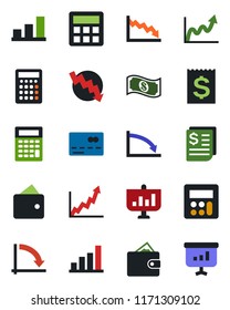 Color and black flat icon set - credit card vector, crisis graph, receipt, calculator, bar, wallet, growth, cash, presentation