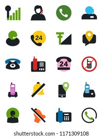 Color and black flat icon set - phone vector, no mobile, office, 24 hours, support, tracking, radio, mute, cellular signal