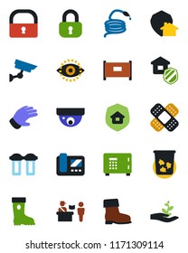 Color and black flat icon set - fence vector, passport control, trash bin, safe, glove, boot, hose, patch, lock, eye id, estate insurance, intercome, water filter, home protect, surveillance