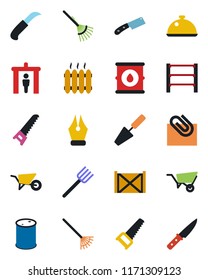 Color and black flat icon set - security gate vector, trowel, farm fork, rake, wheelbarrow, saw, garden knife, container, oil barrel, rack, paper clip, ink pen, heater, dish
