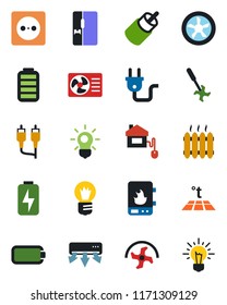 Color and black flat icon set - bulb vector, ripper, battery, rca, charge, heater, fridge, home control, socket, power plug, fan, water, air conditioner, warm floor, idea