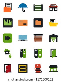 Color and black flat icon set - book vector, store, container, umbrella, mail, fast forward, scanner, folder, document, home control, jalousie, garage gate, door, storefront