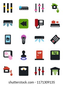 Color and black flat icon set - baggage conveyor vector, stamp, scales, settings, remote control, rewind, tuning, air conditioner, vip zone, home, intercome, app, garage gate