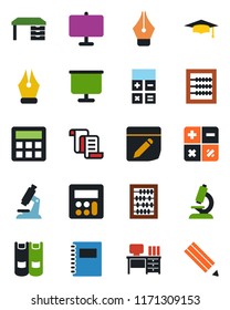 Color and black flat icon set - contract vector, book, calculator, graduate, abacus, desk, microscope, notes, copybook, presentation board, ink pen, pencil