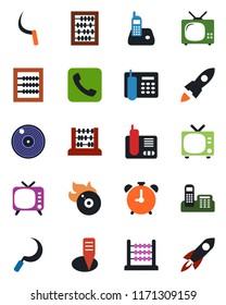 Color and black flat icon set - alarm clock vector, tv, abacus, sickle, plant label, vinyl, flame disk, radio phone, call, office, rocket