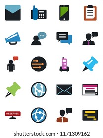 Color and black flat icon set - speaking man vector, mail, office phone, loudspeaker, network, cell, speaker, paper pin, message, clipboard, reserved, schedule