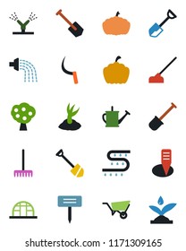Color and black flat icon set - job vector, shovel, rake, watering can, wheelbarrow, sproute, hoe, sickle, plant label, pumpkin, greenhouse, drip irrigation, fruit tree