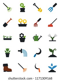 Color and black flat icon set - job vector, flower in pot, garden fork, shovel, rake, watering can, sproute, boot, seedling, hoe, sickle, irrigation
