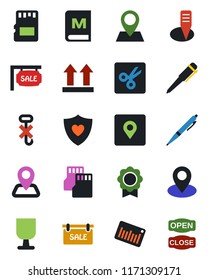 Color and black flat icon set - pen vector, plant label, heart shield, navigation, pin, fragile, up side sign, no hook, barcode, sd, cut, place tag, sertificate, sale, menu, open close