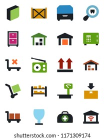 Color and black flat icon set - safe vector, doctor case, container, fragile, cargo, up side sign, no trolley, warehouse, package, heavy scales, search, rack, radio, blank box, archive