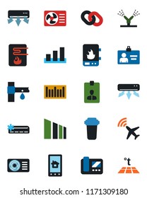 Color and black flat icon set - plane radar vector, identity card, drip irrigation, sorting, barcode, chain, air conditioner, water heater, intercome, home control app, filter, warm floor
