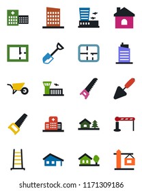 Color and black flat icon set - barrier vector, airport building, trowel, shovel, ladder, wheelbarrow, saw, house, hospital, with garage, tree, plan, city, crane