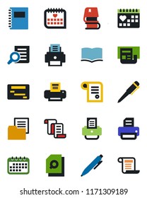 Color and black flat icon set - contract vector, book, document search, pen, printer, medical calendar, folder, copybook, news, schedule