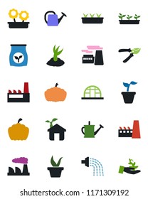 Color and black flat icon set - factory vector, seedling, watering can, sproute, pruner, pumpkin, greenhouse, fertilizer, flower in pot, eco house, palm
