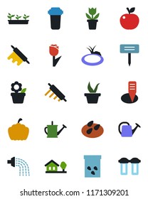 Color and black flat icon set - flower in pot vector, seedling, watering can, plant label, pumpkin, seeds, pond, tulip, house with tree, rolling pin, apple fruit, water filter