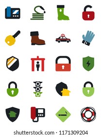 Color and black flat icon set - security gate vector, smoking place, alarm car, lock, glove, boot, hose, traffic light, shield, protect, key, intercome, home, crisis management