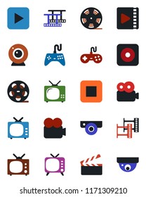 Color and black flat icon set - clapboard vector, film frame, reel, tv, gamepad, video camera, play button, stop, rec, web, surveillance