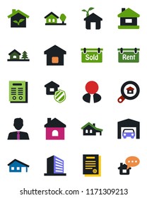 Color and black flat icon set - office building vector, house, contract, with garage, tree, rent, sold signboard, estate search, agent, smart home, insurance, eco, message