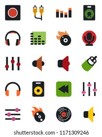 Color and black flat icon set - vinyl vector, flame disk, speaker, settings, equalizer, microphone, headphones, rewind, rca, tuning, record, sound