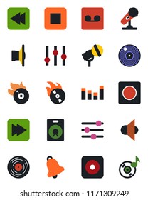 Color and black flat icon set - vinyl vector, flame disk, microphone, speaker, settings, equalizer, stop button, fast forward, rewind, rec, tuning, bell, record, music