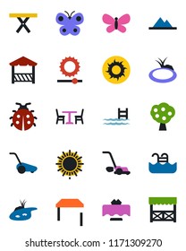 Color and black flat icon set - cafe vector, sun, lawn mower, butterfly, lady bug, pond, picnic table, brightness, pool, fruit tree, mountains, restaurant, alcove
