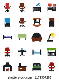 Color and black flat icon set - bed vector, office chair, desk, bench, fireplace, lamp, bedroom, children room, cushioned furniture, restaurant table, alcove, fridge