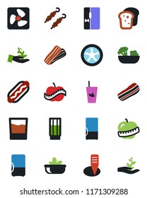 Color and black flat icon set - plant label vector, diet, fridge, drink, phyto bar, salad, bacon, bread, kebab, hot dog, fan, palm sproute
