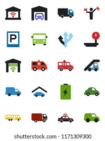 Color and black flat icon set - dispatcher vector, airport bus, parking, alarm car, ladder, ambulance, route, delivery, heavy scales, garage, gate control, battery